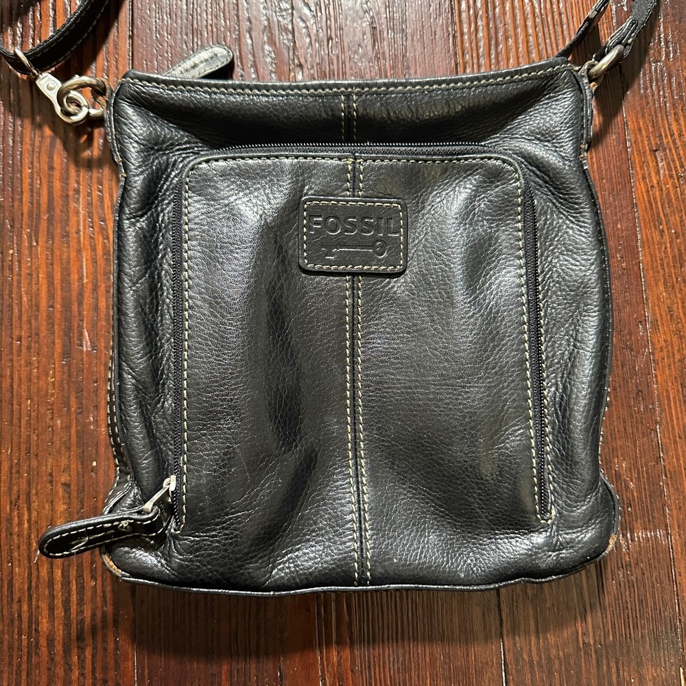 Vintage Fossil Purse Crossbody Bag Handbag Black Leather Festival Goth 90s‎ Y2K